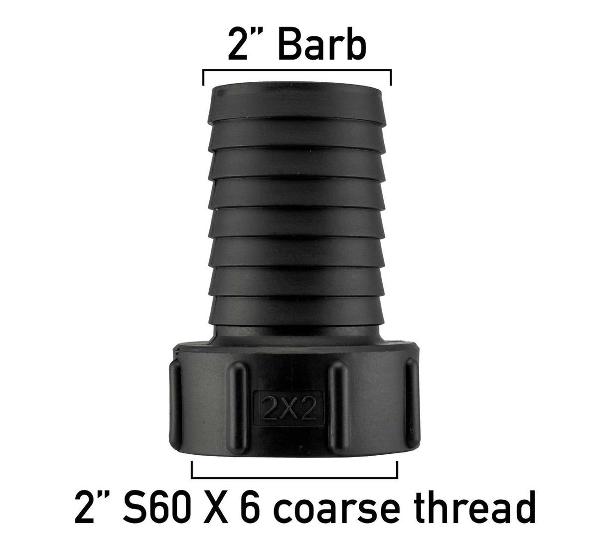 Black S60X6 IBC hose-tail adapter with a 2″ hose barb.