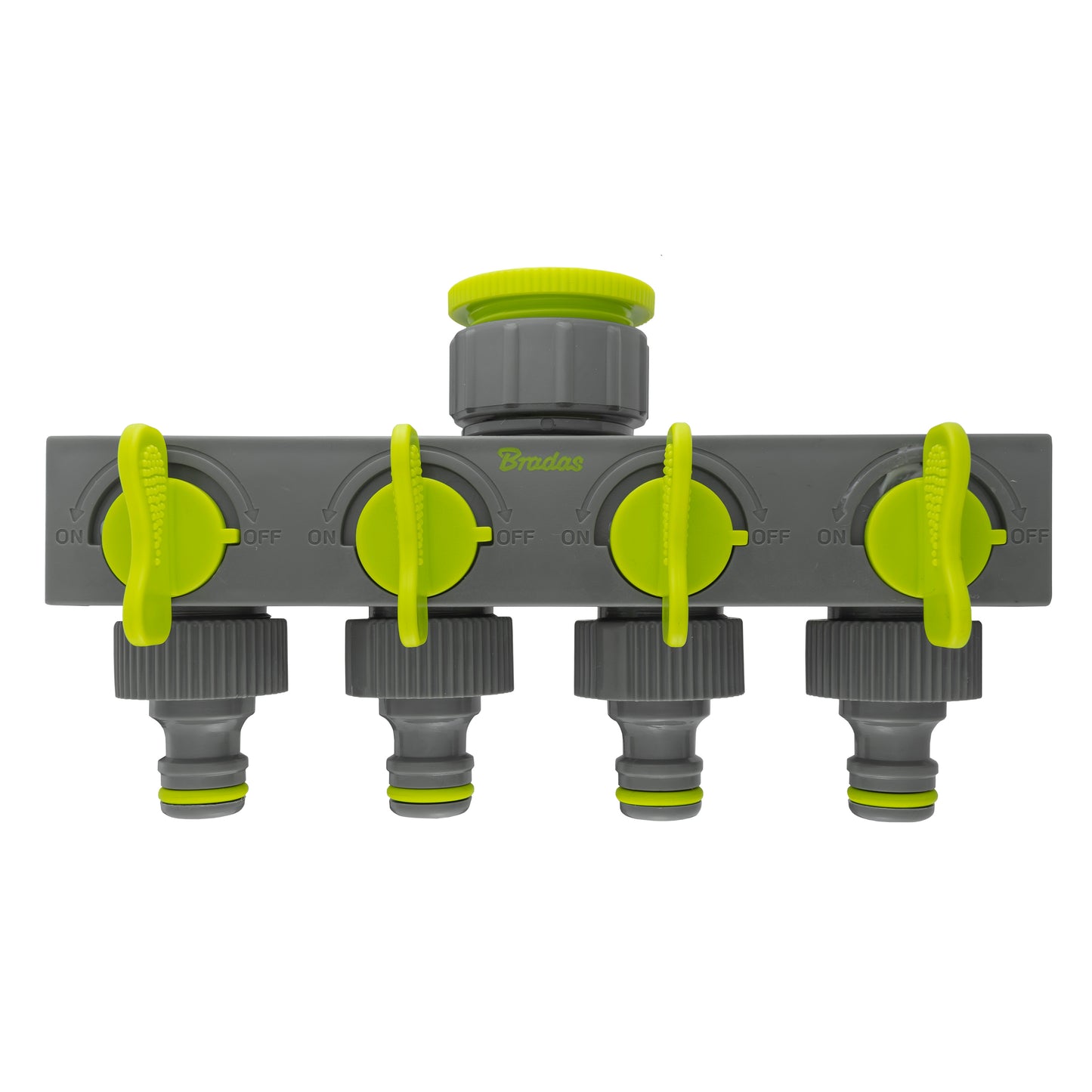 Four Outlet Tap Splitter with Valves, Quick Connect (Lime/Grey)