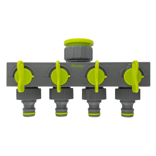 Four Outlet Tap Splitter with Valves, Quick Connect (Lime/Grey)