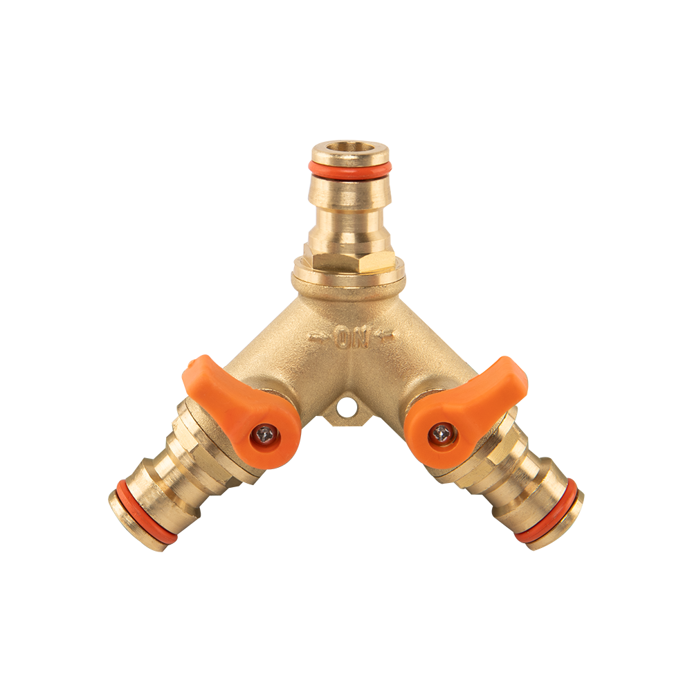 Brass Three-Way Quick-Connect Hose Splitter with Valves; supplied product shown.