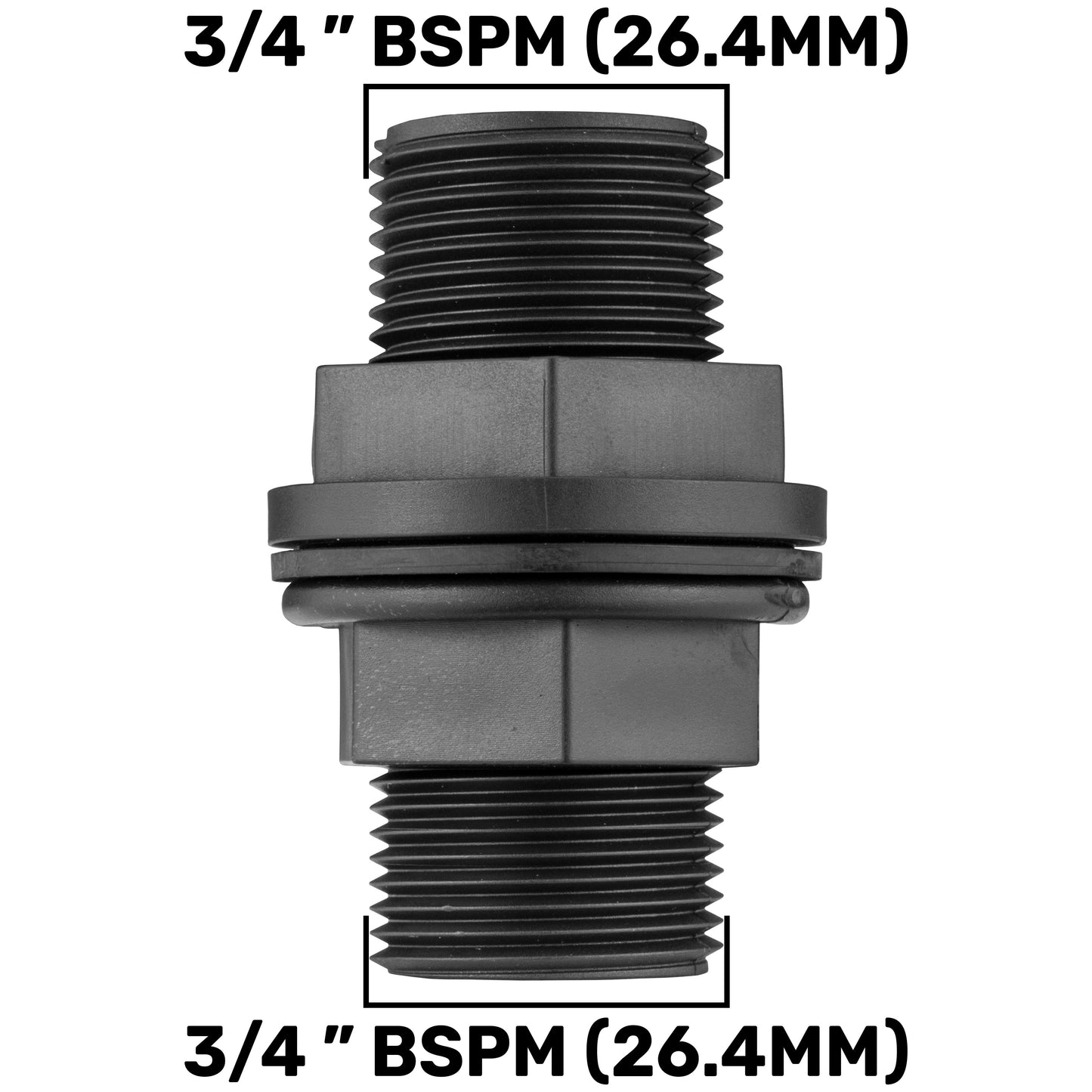 Water Butt Connector 3/4" BSP with Valve & Hose Connector Black