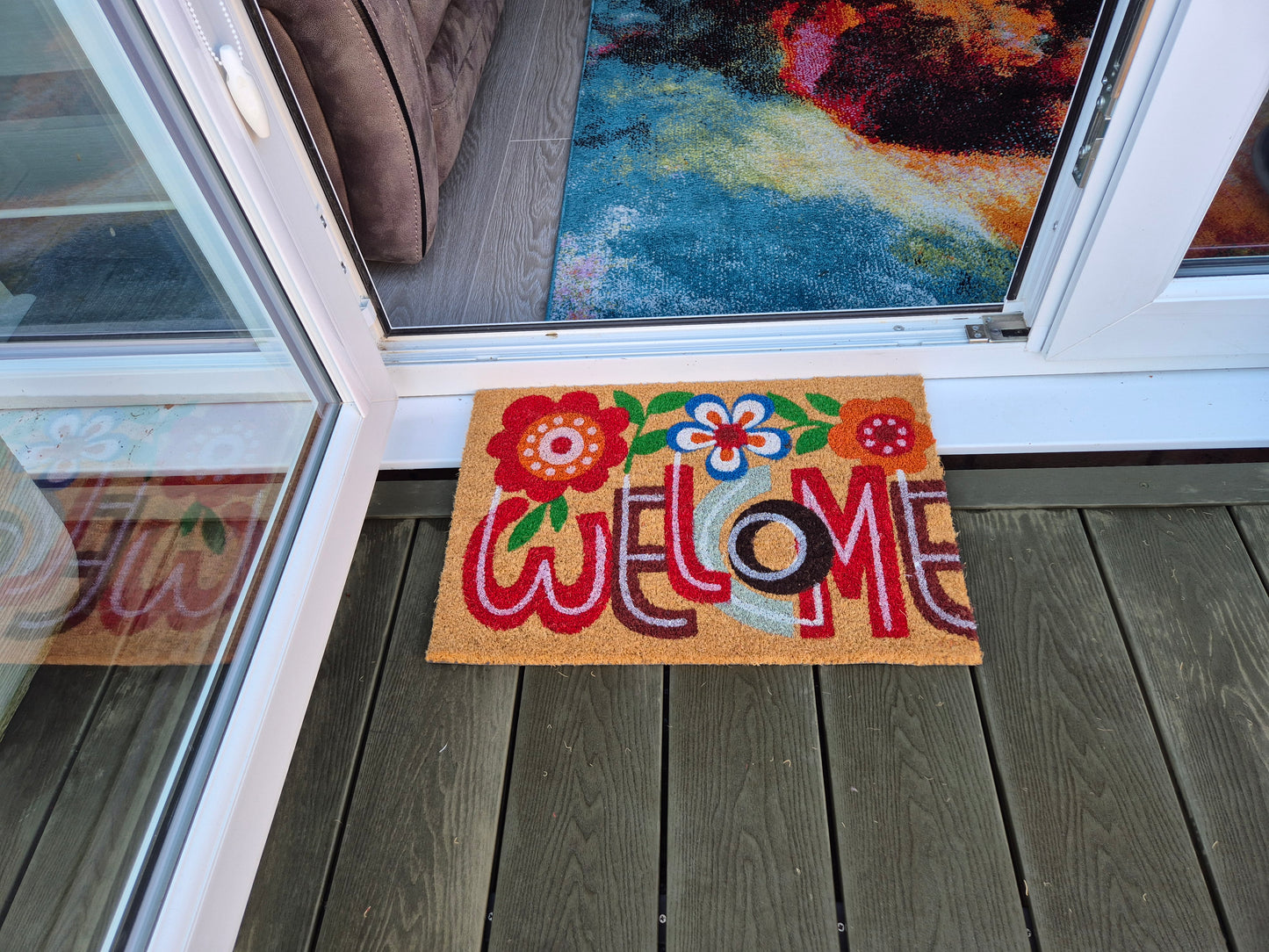 'Welcome' Flower Print Coir Fibre Doormat with Rubber Backing (60cm x 40cm)