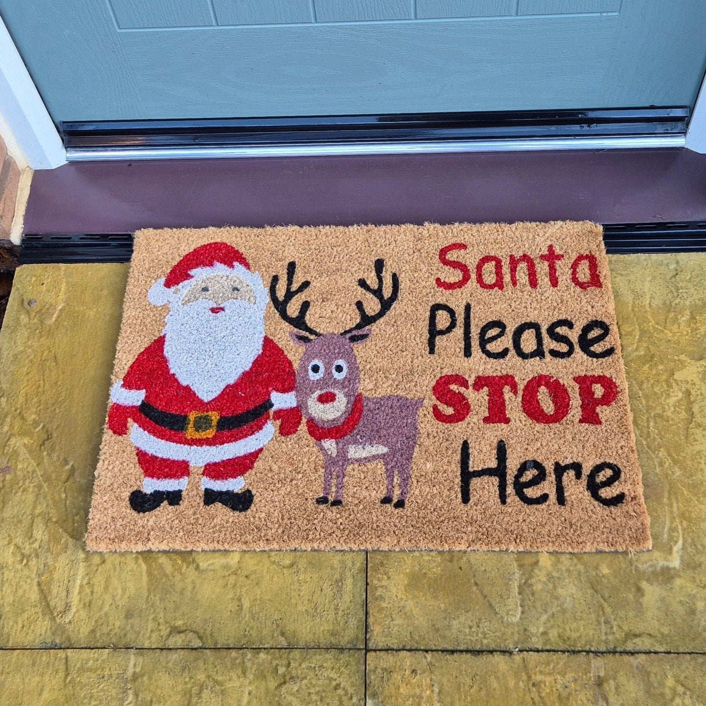 'Santa Please Stop Here' Coir Fibre Doormat with Rubber Backing (60cm x 40cm)
