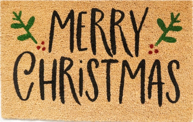 'Merry Christmas' (Holly) Coir Fibre Doormat with Rubber Backing (60cm x 40cm)