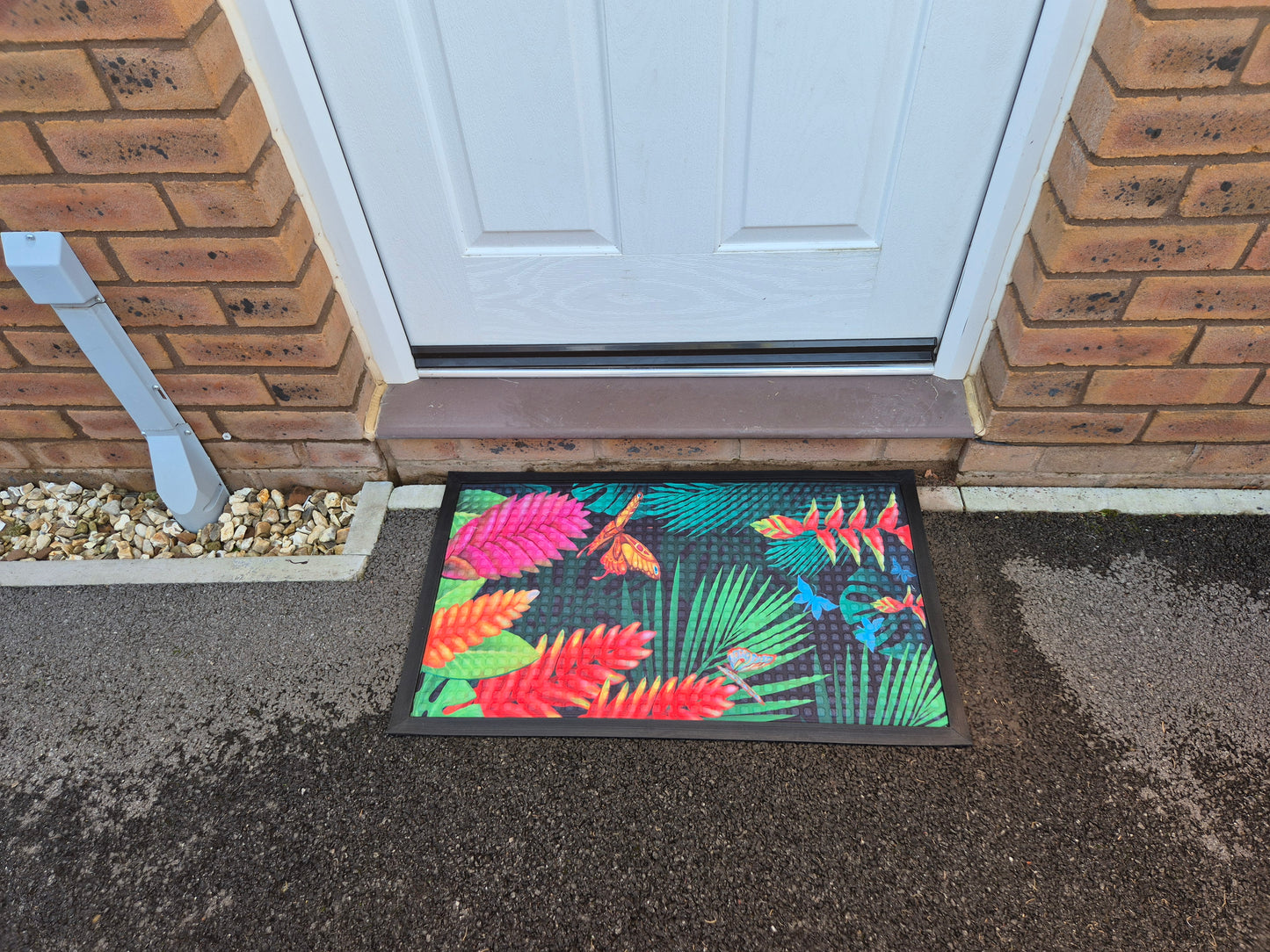 Tropical Flower Butterfly Print Embossed Textured Door Mat (45cm x 75cm)