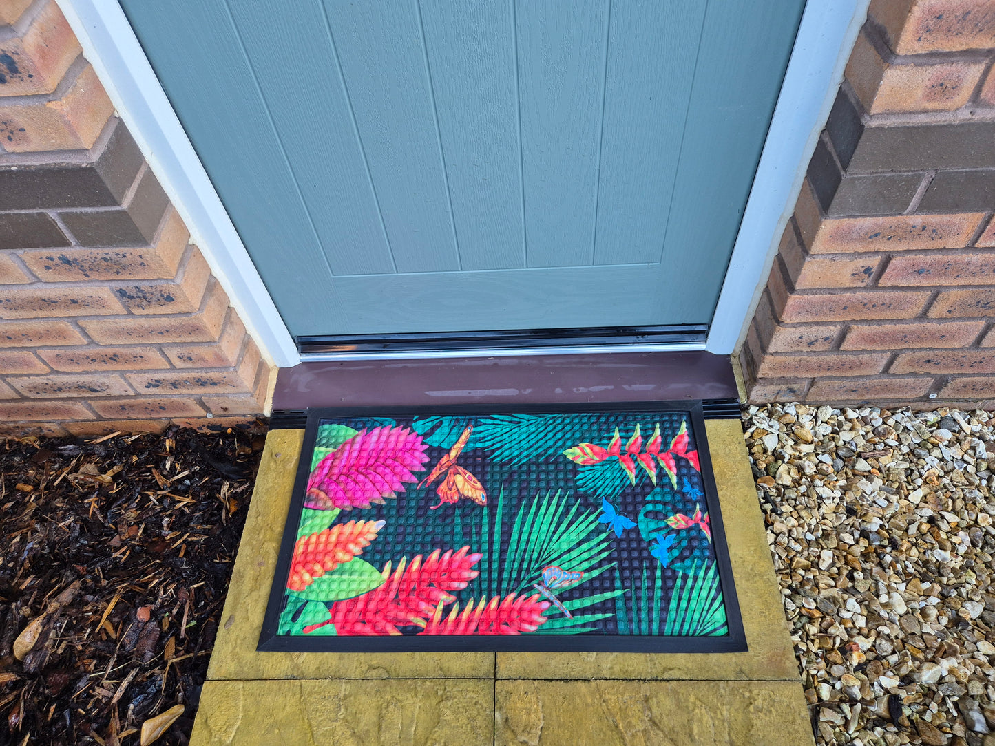Tropical Flower Butterfly Print Embossed Textured Door Mat (45cm x 75cm)