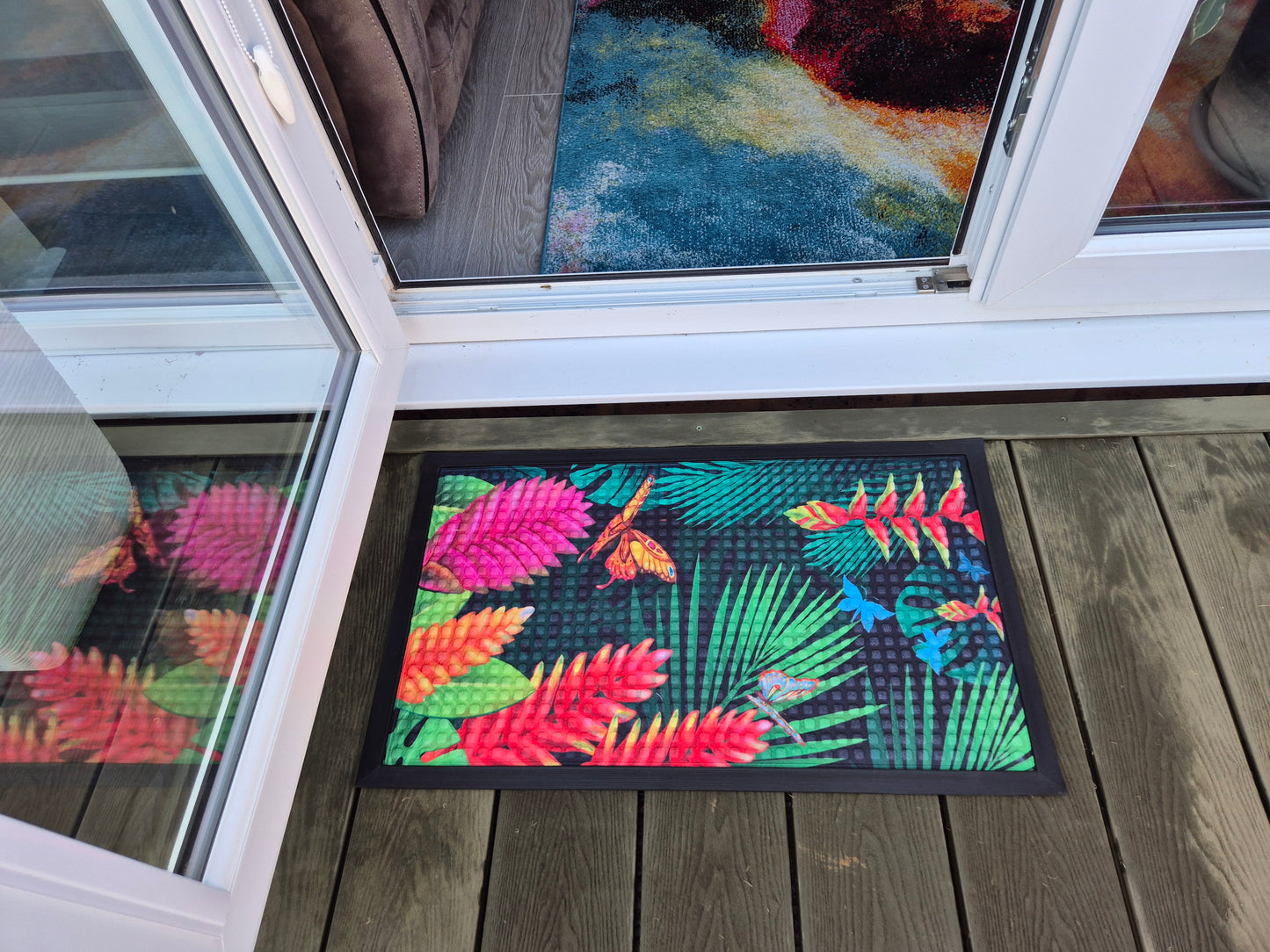 Tropical Flower Butterfly Print Embossed Textured Door Mat (45cm x 75cm)