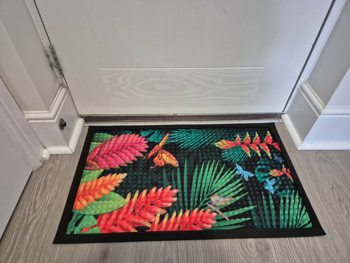 Tropical Flower Butterfly Print Embossed Textured Door Mat (45cm x 75cm)