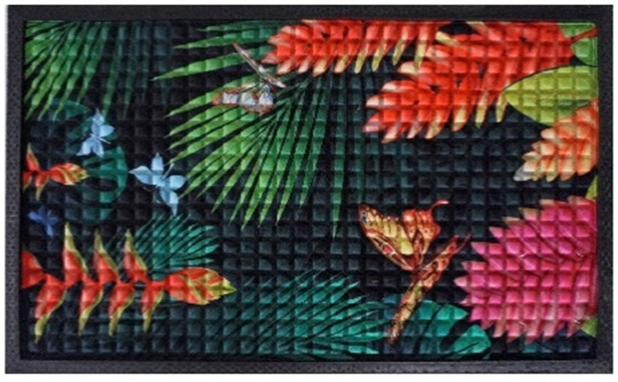 Tropical Flower Butterfly Print Embossed Textured Door Mat (45cm x 75cm)