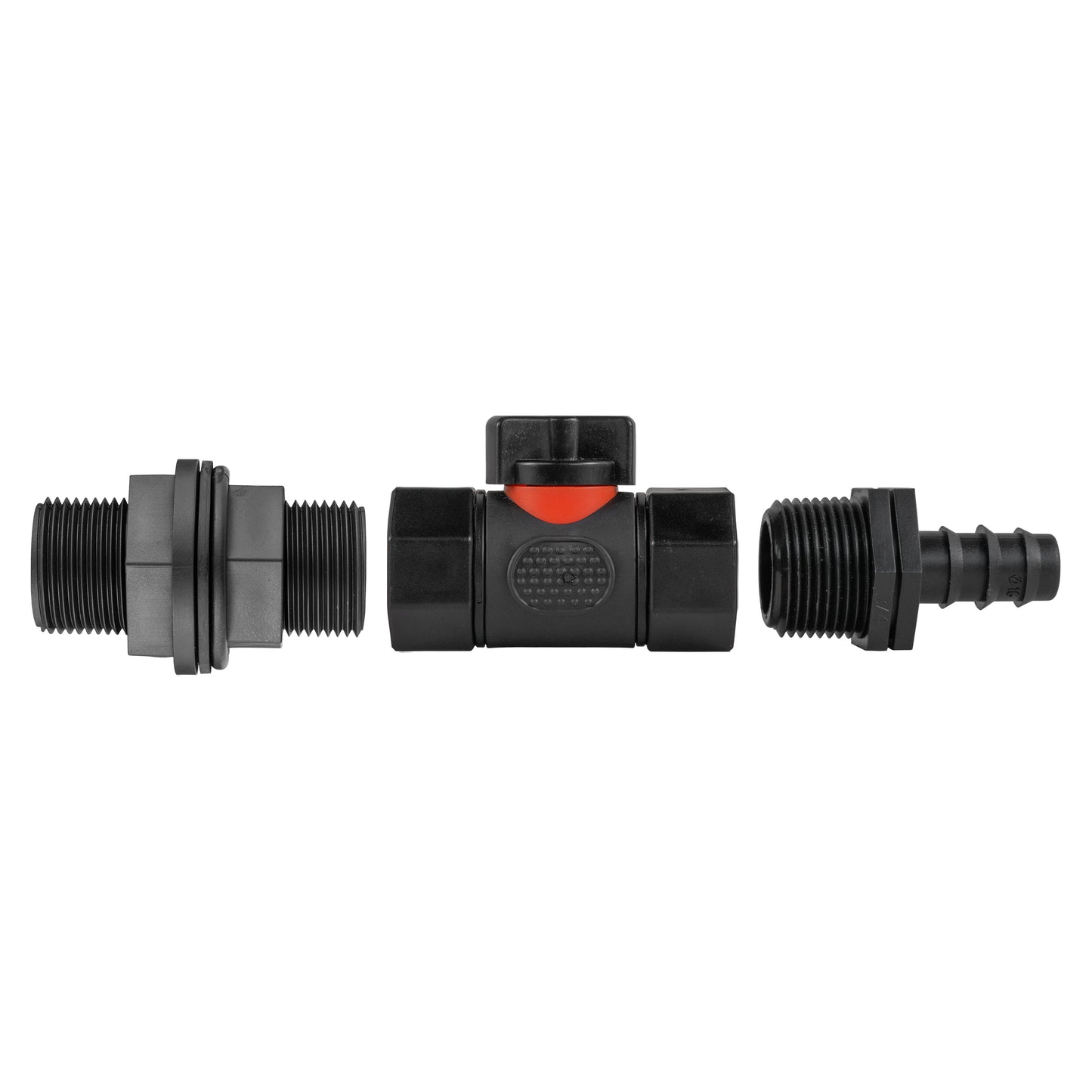 Water Butt Connector 3/4" BSP with Valve and 16mm Barbed Straight