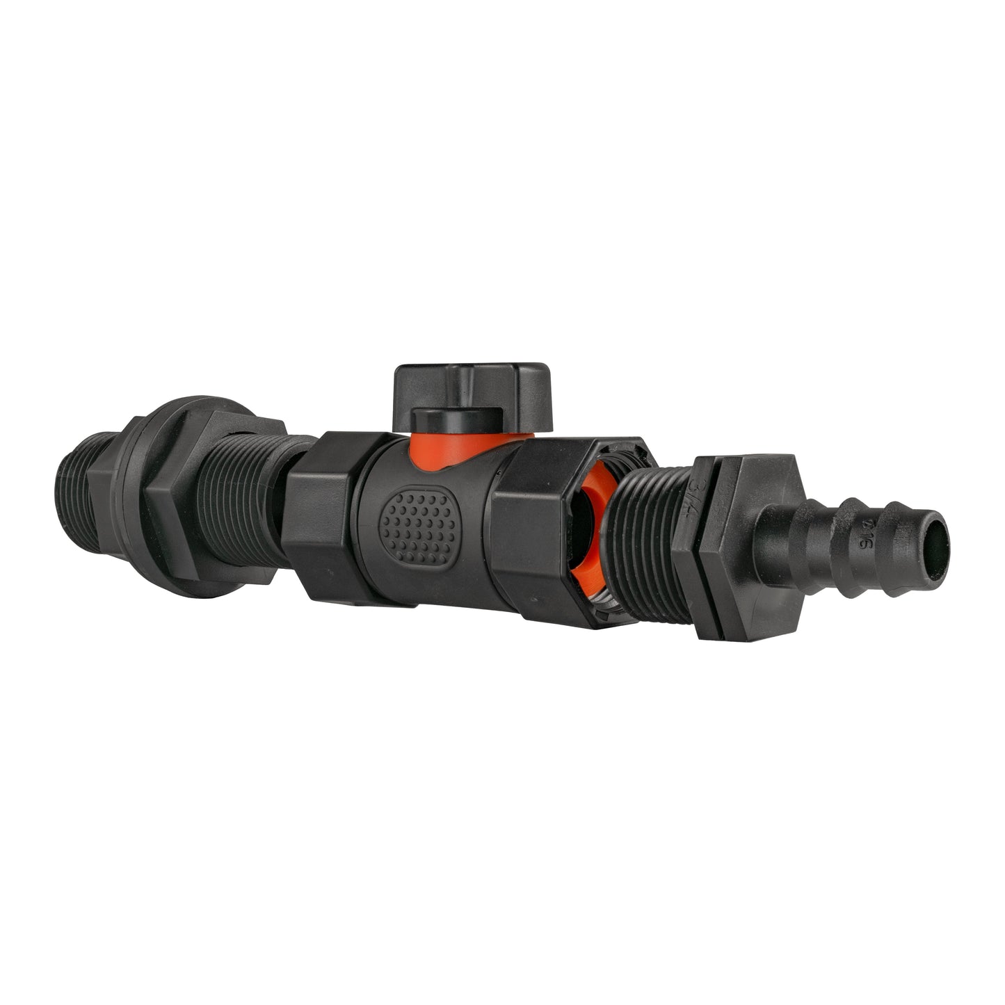 Water Butt Connector 3/4" BSP with Valve and 16mm Barbed Straight
