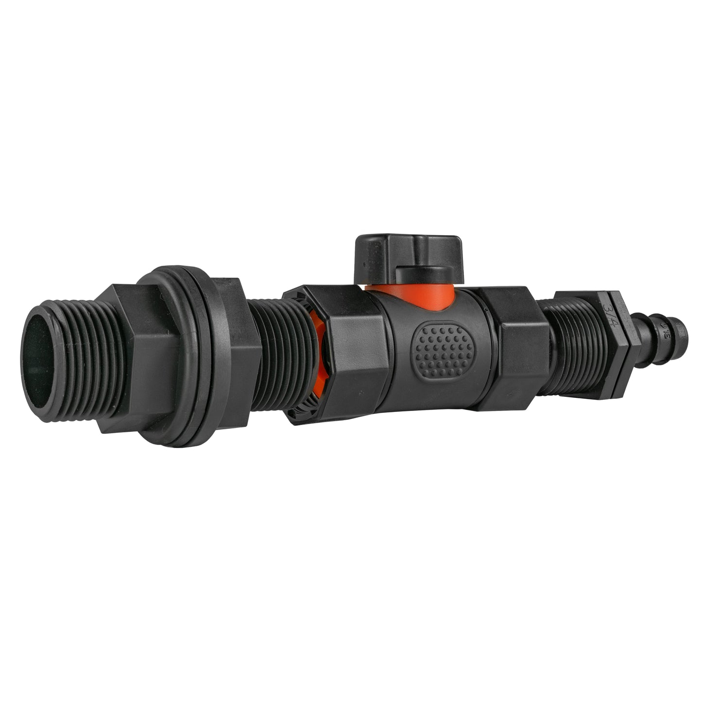 Water Butt Connector 3/4" BSP with Valve and 16mm Barbed Straight