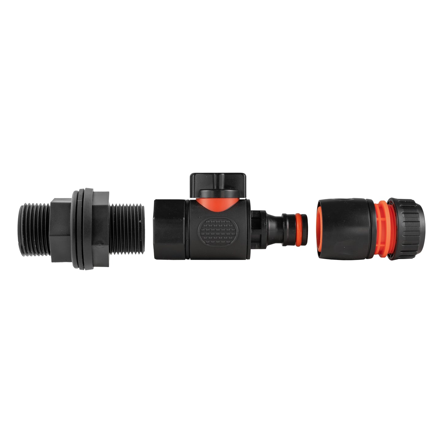 Water Butt Connector 3/4" BSP with Valve & Hose Connector Black