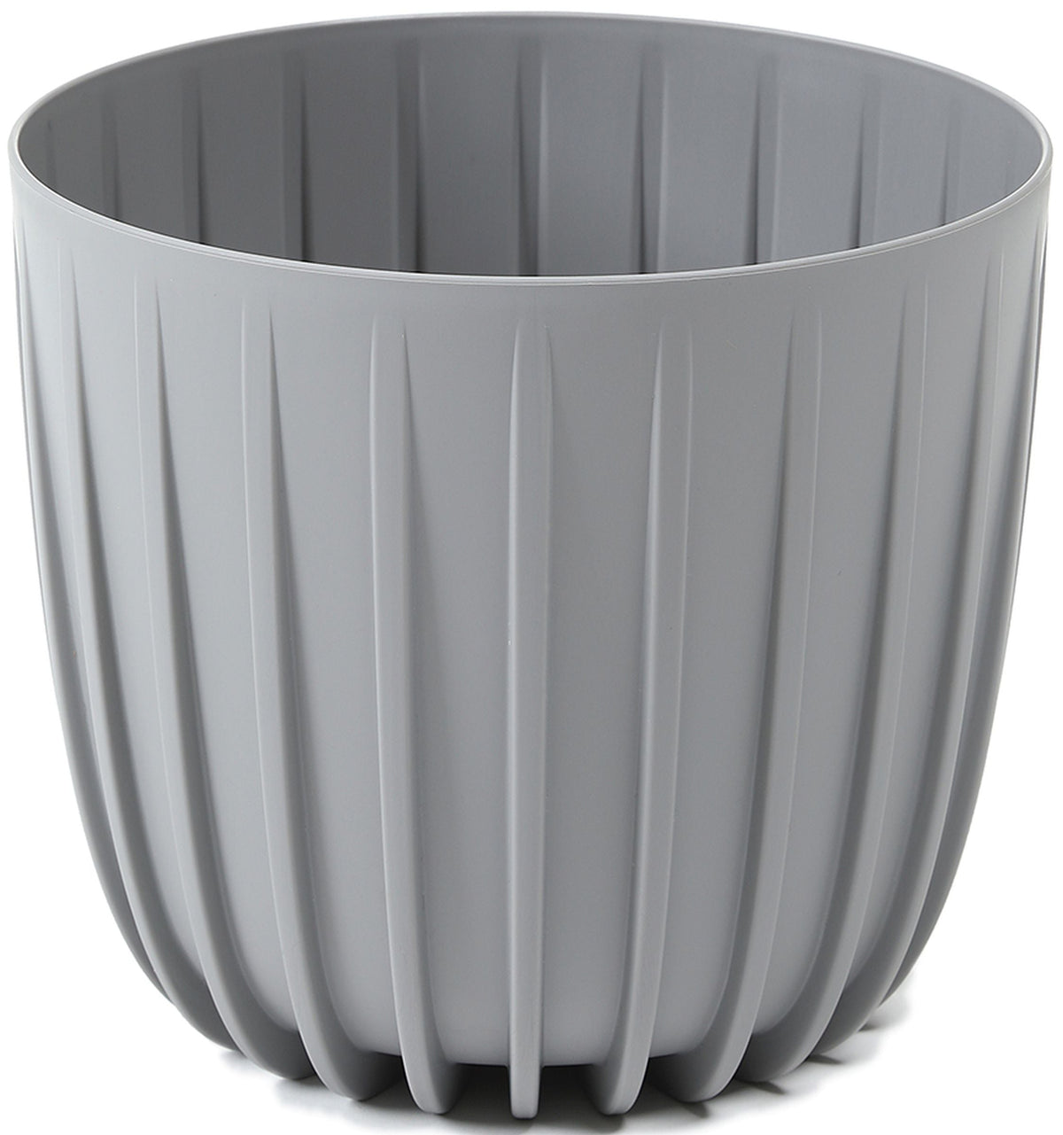 Grey Mira ribbed round plant cover pot.