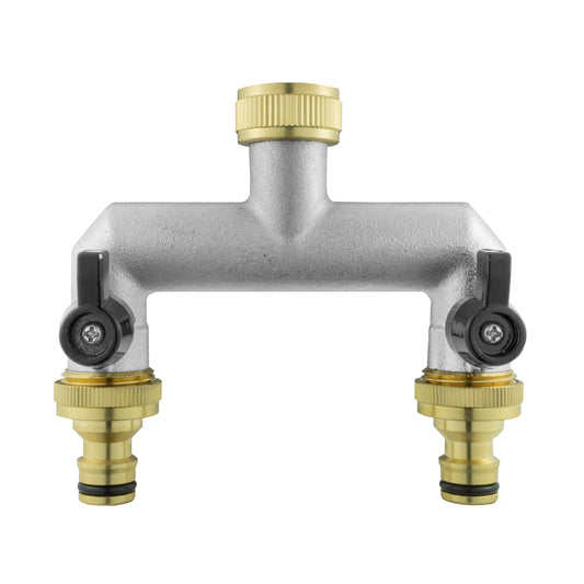 Two Way Tap Splitter Brass 3/4" BSP With Quick Connect Outlets