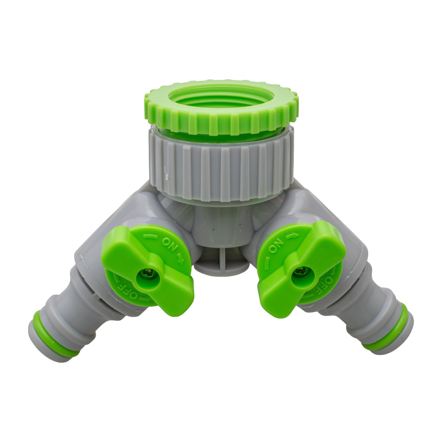 2-Way Tap Connector With Valves 1" and 3/4" BSP Female, Green/Gray