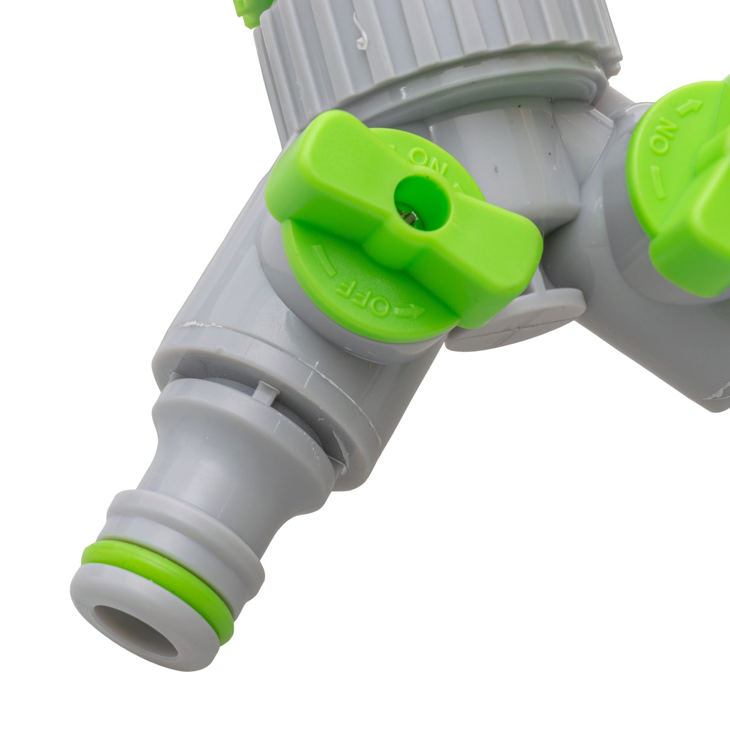 2-Way Tap Connector With Valves 1" and 3/4" BSP Female, Green/Gray