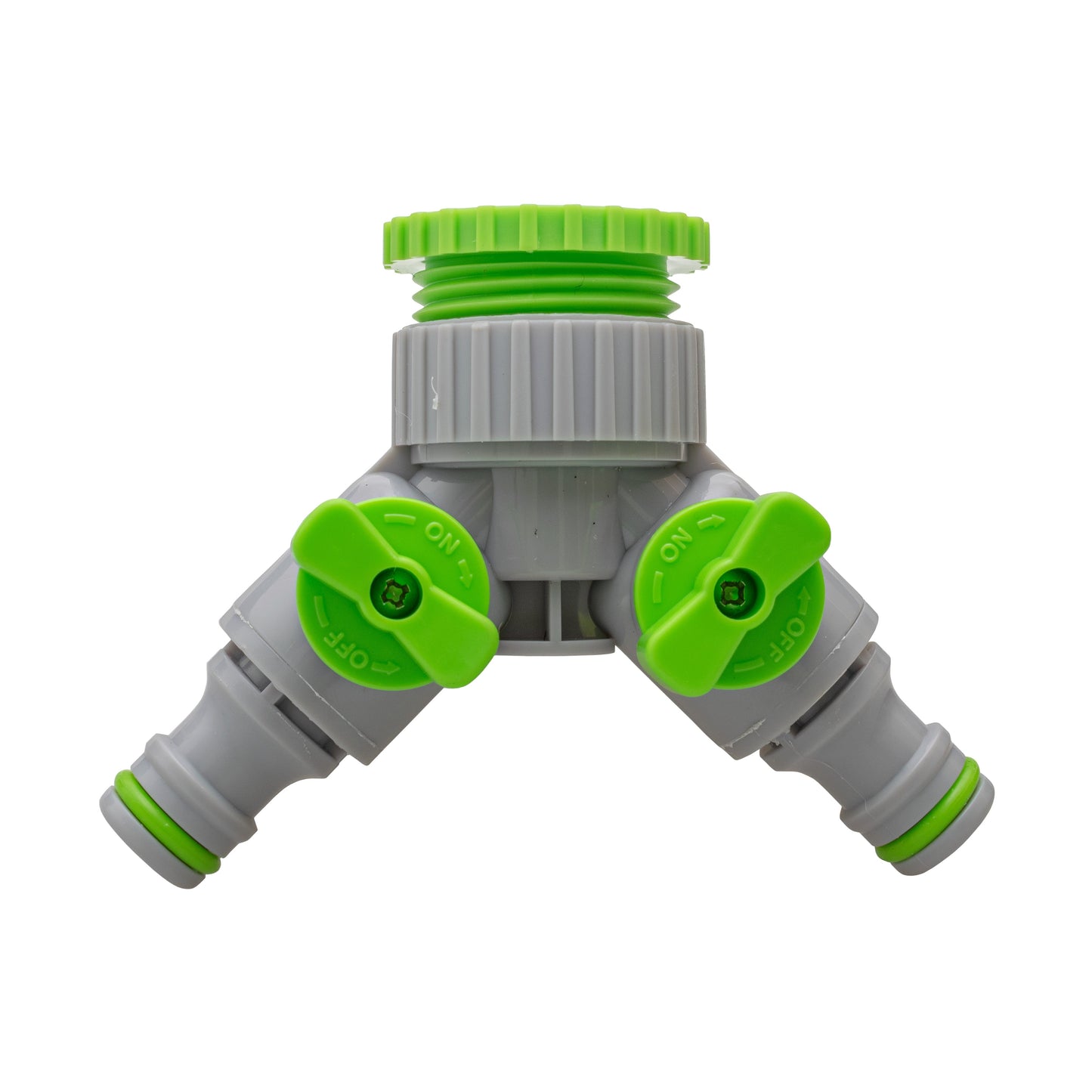 2-Way Tap Connector With Valves 1" and 3/4" BSP Female, Green/Gray