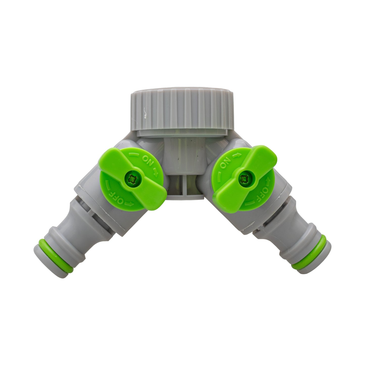 2-Way Tap Connector With Valves 1" and 3/4" BSP Female, Green/Gray