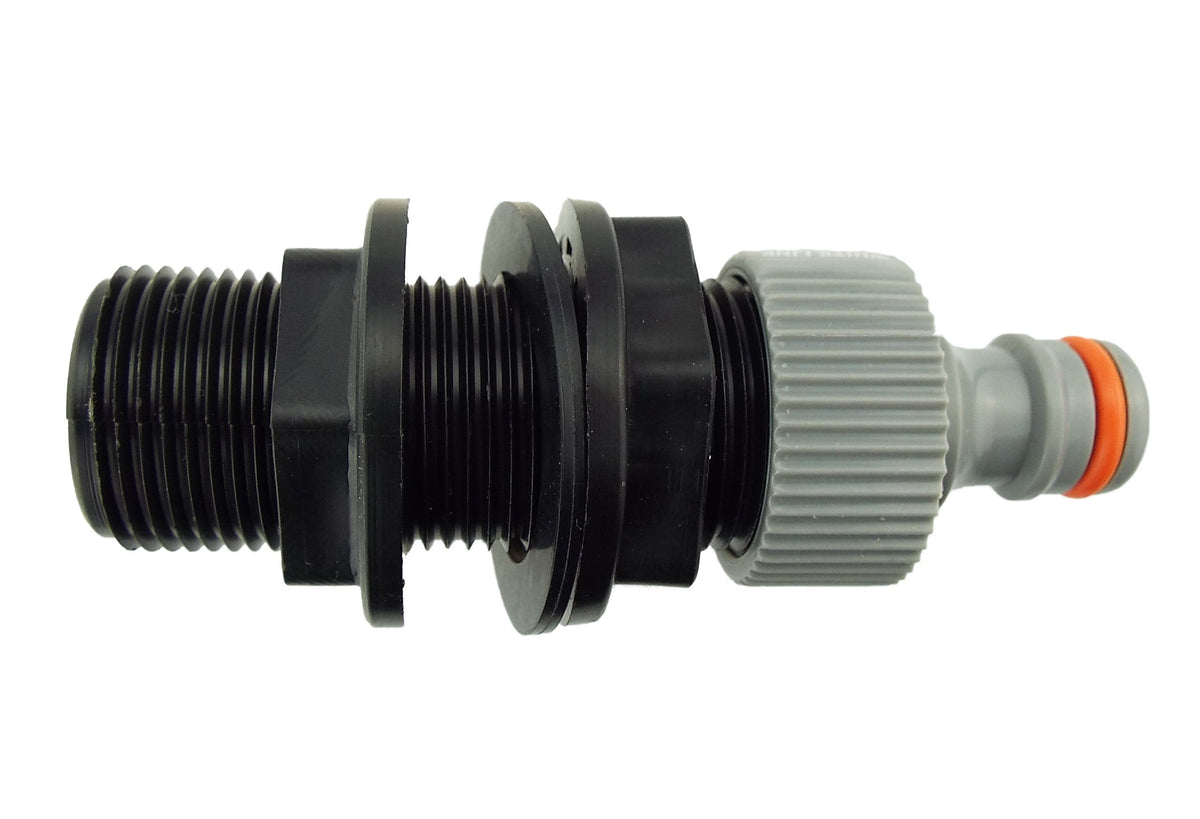 Water-butt tank connector kit with 1″ BSP mounting thread and male snap-on quick-connect plug.