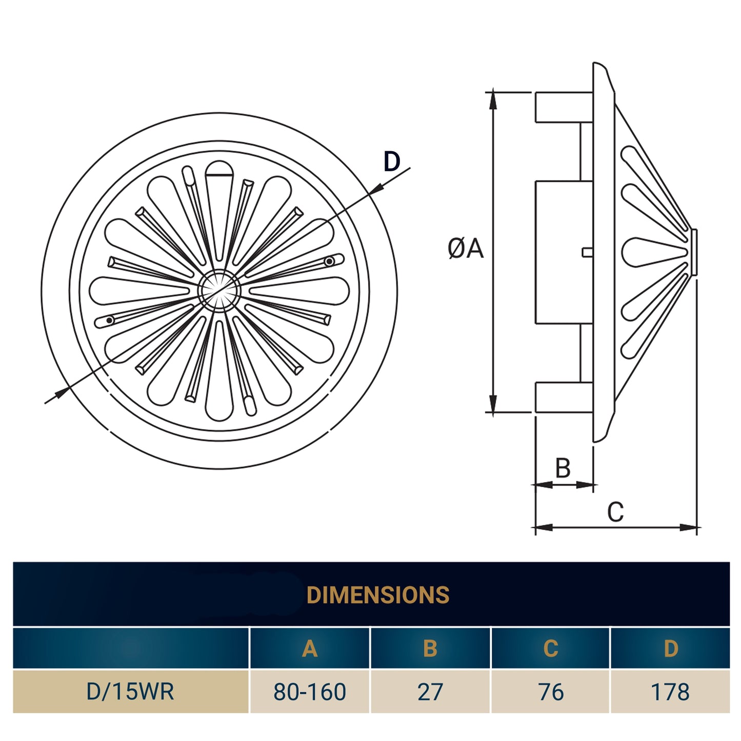 Adjustable Louvre Vent Round 80mm-160mm White