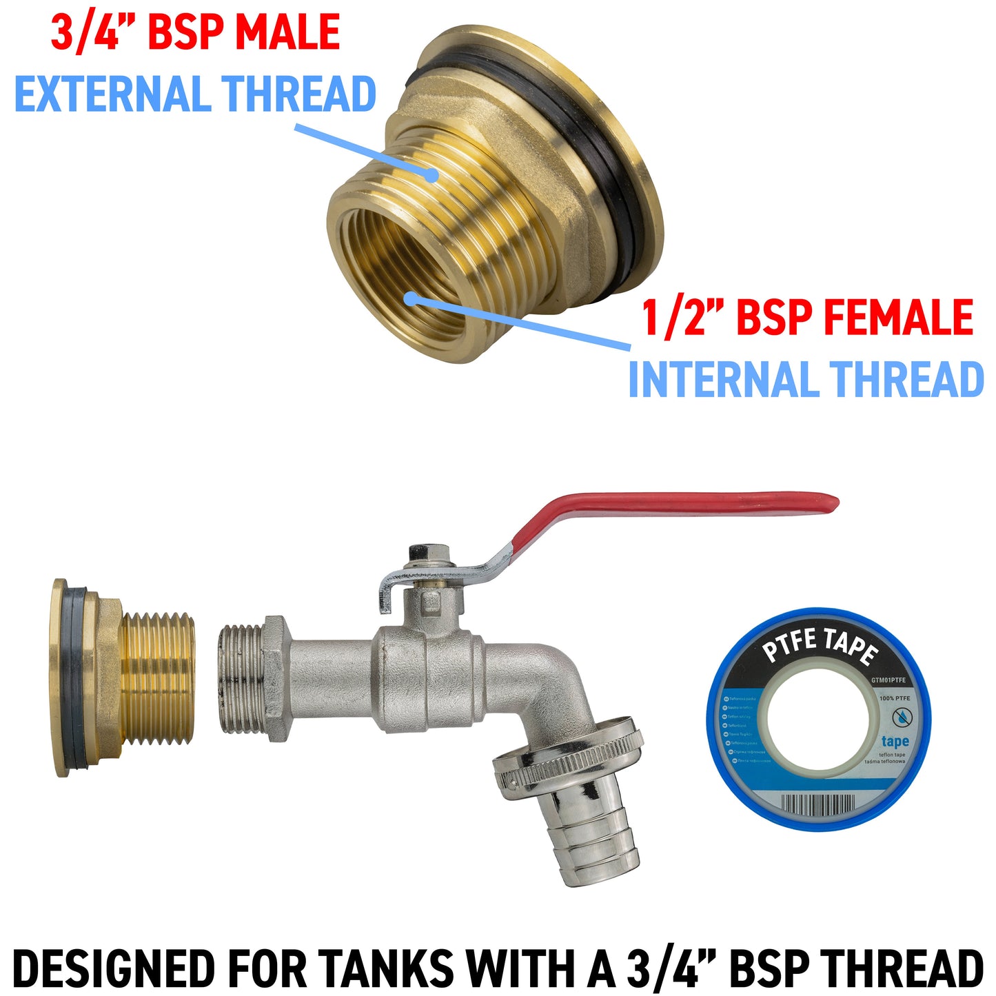 Water Butt Brass Kit 3/4" BSP with Barbed Lever Tap