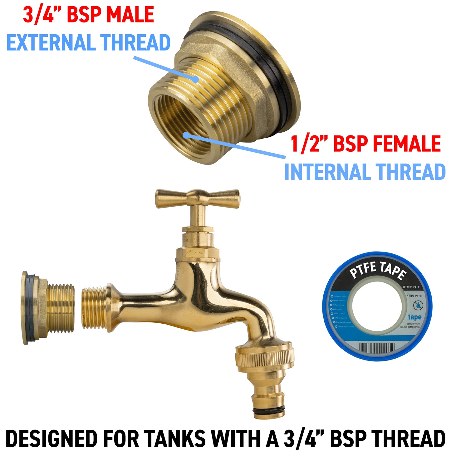 Water Butt Brass Kit 3/4" BSP with Quick Connect Polished Brass Tap