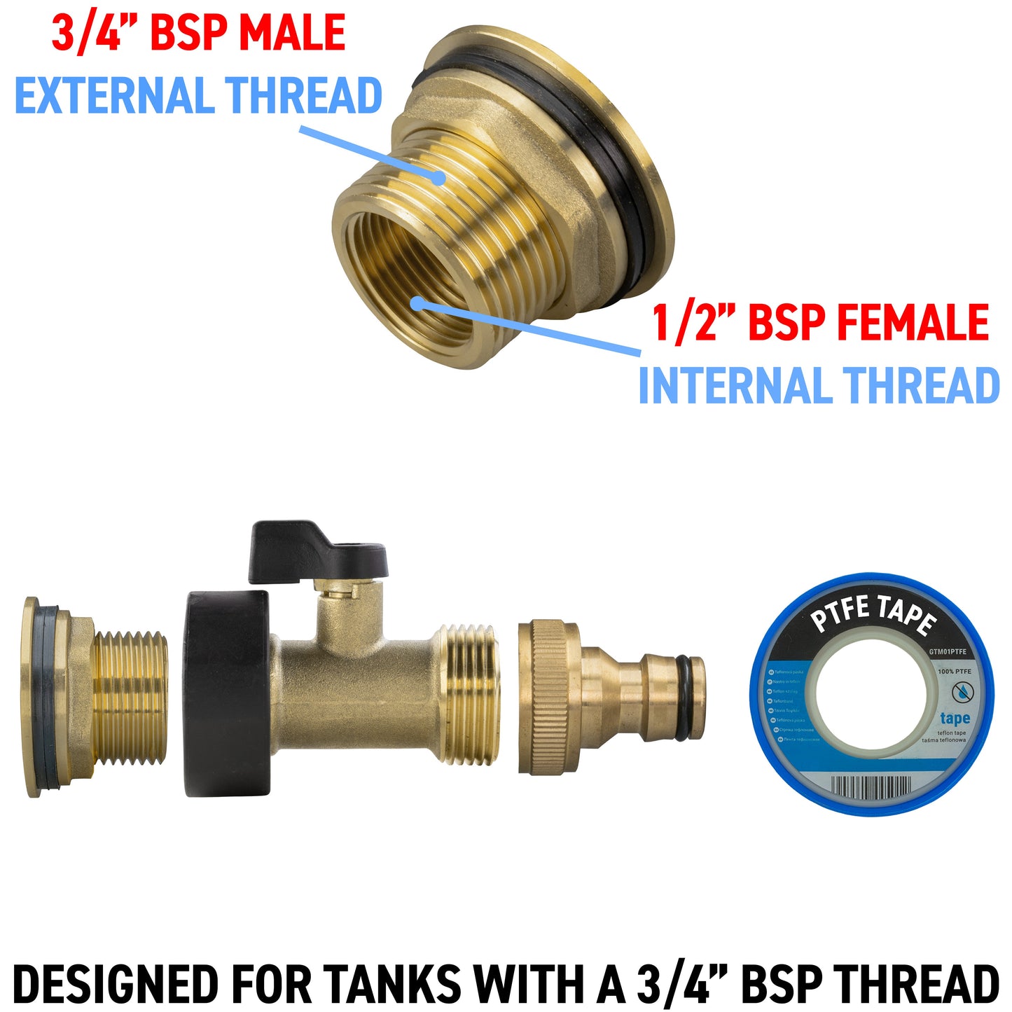 Water Butt Brass Kit 3/4" BSP with Brass Valve + Quick Connect