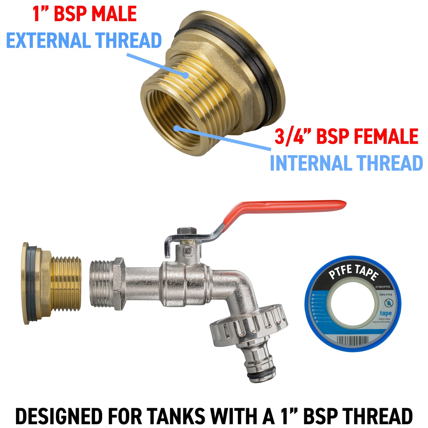 Water Butt Brass Kit 1" BSP with Quick Connect Lever Tap