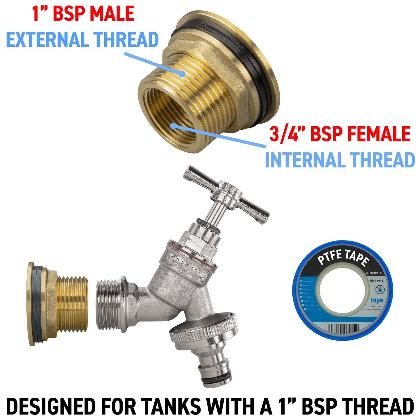 Water Butt Brass Kit 1" BSP with Nickel Plated Quick Connect Tap