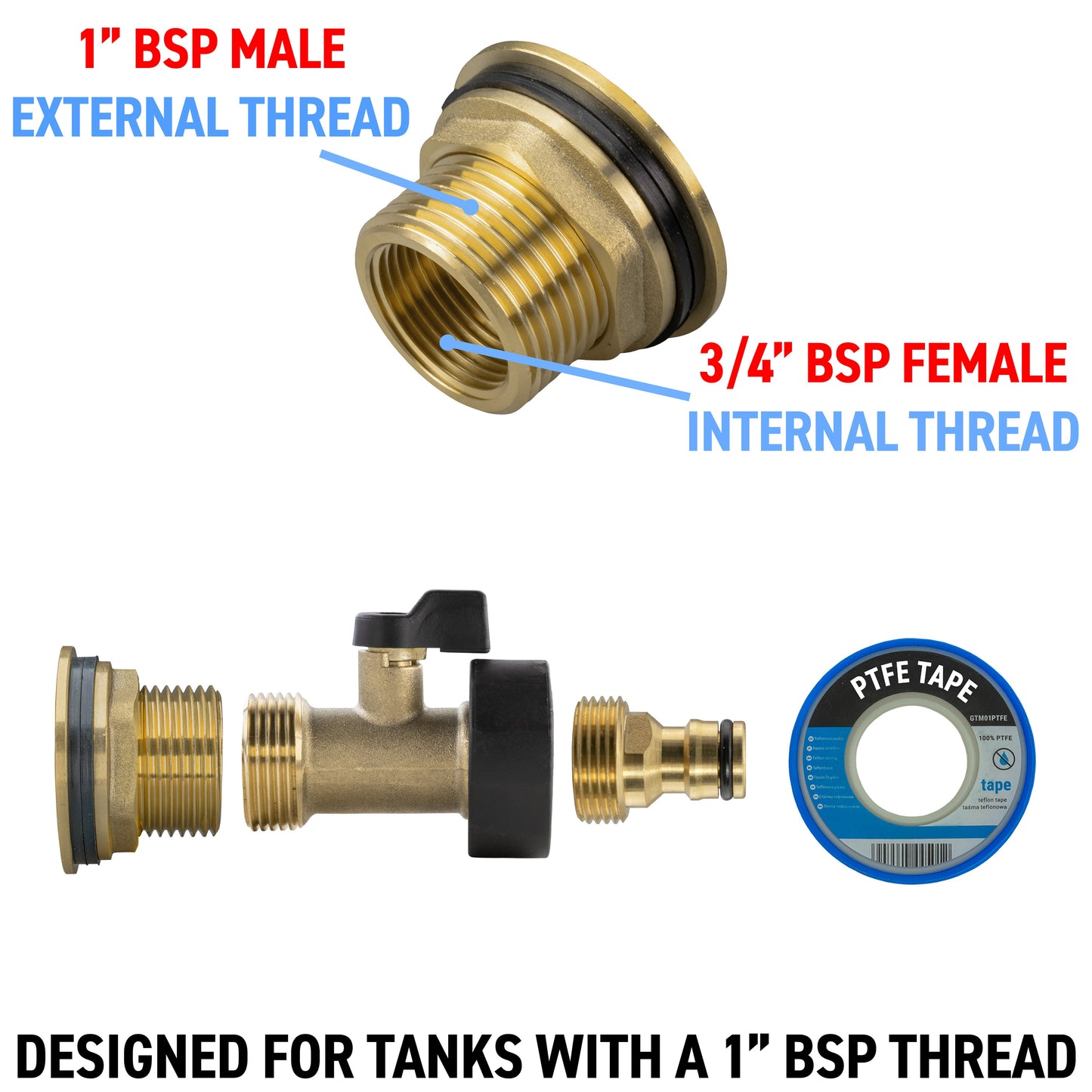 Water Butt Brass Kit 1" BSP with Brass Valve + Quick Connect