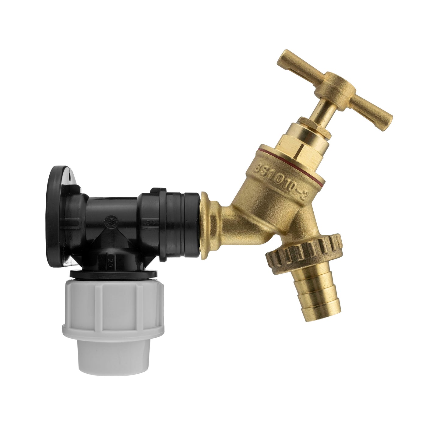 20mm MDPE Wall Flange With Brass Garden Tap 1/2" Barb