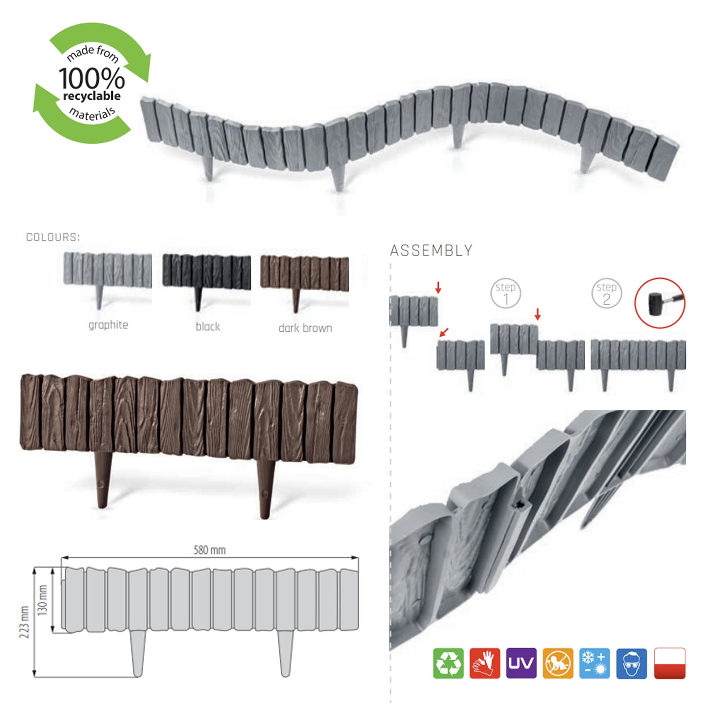 Lawn Edging, 2.32 Metres Plastic Palisade Wood Effect (Grey)