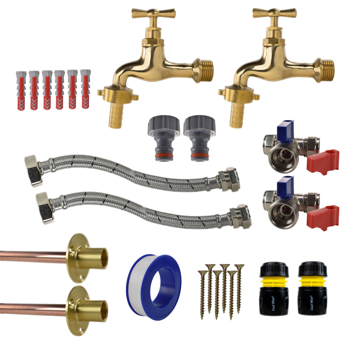 Twin Polished Brass 13mm Barb Through-Wall Tap Kit – Standard