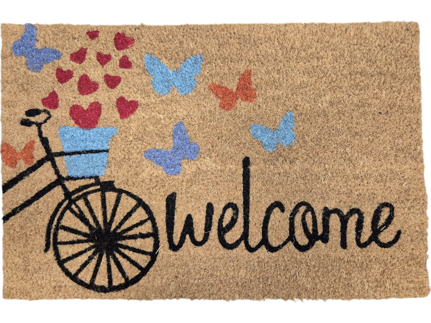 'Welcome' Butterfly Print Coir Fibre Doormat with Rubber Backing (60cm x 40cm)