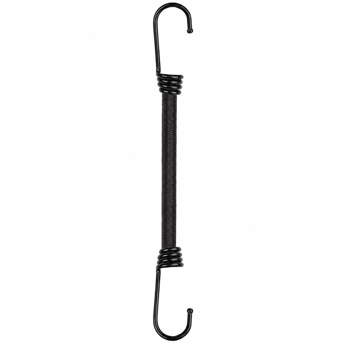 Bungee cord with two black metal hooks on a white background