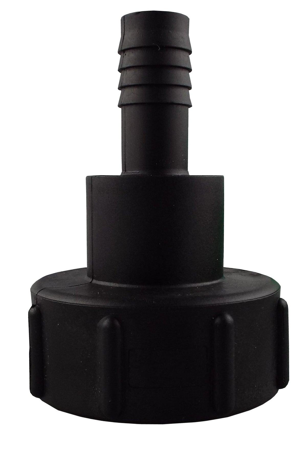 Black S60X6 IBC hose-tail adapter with a 1″ hose barb.