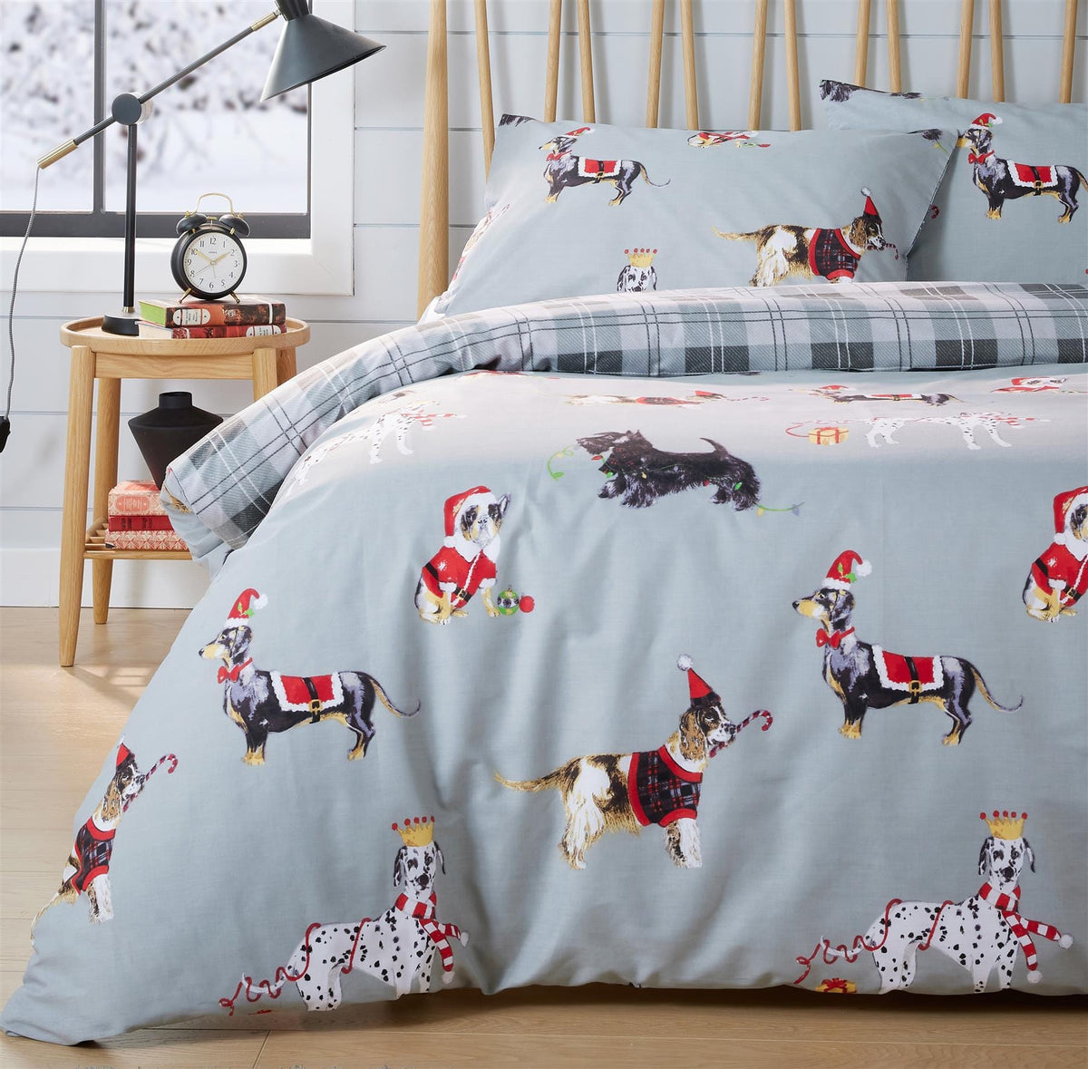 Reversible Christmas Dogs Pattern Duvet Cover Set Cotton Rich