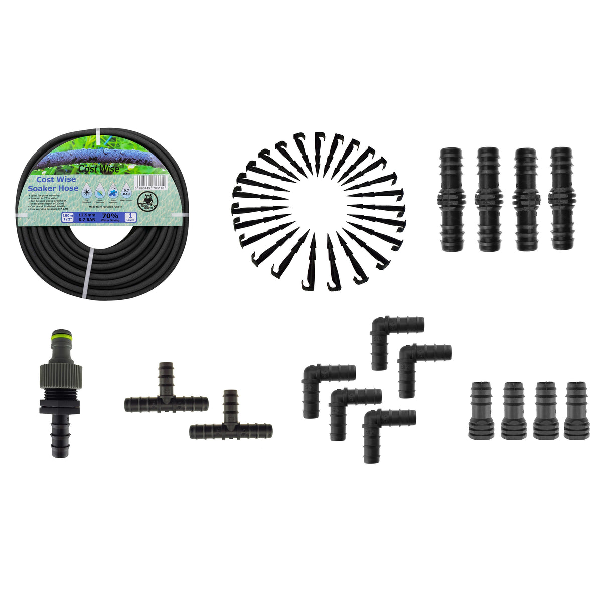 100m Soaker Hose Kit with 15 Fittings & Ground Stakes