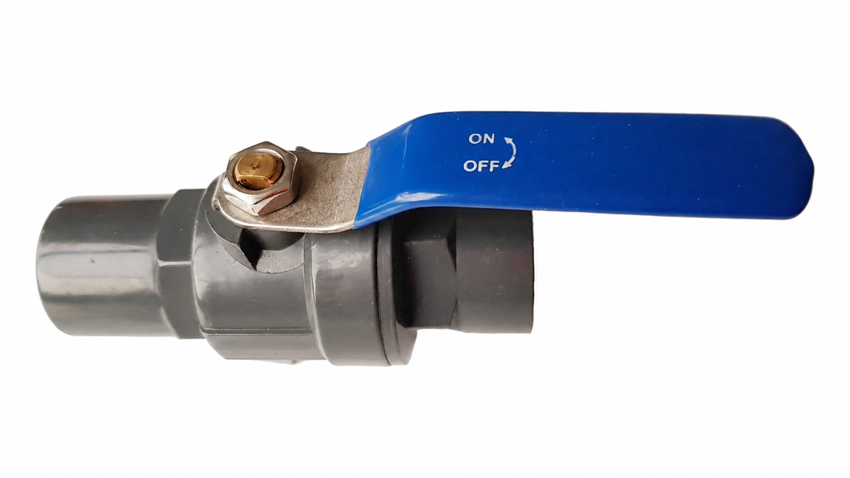 Black PVC ball valve with blue-coated stainless-steel handle
