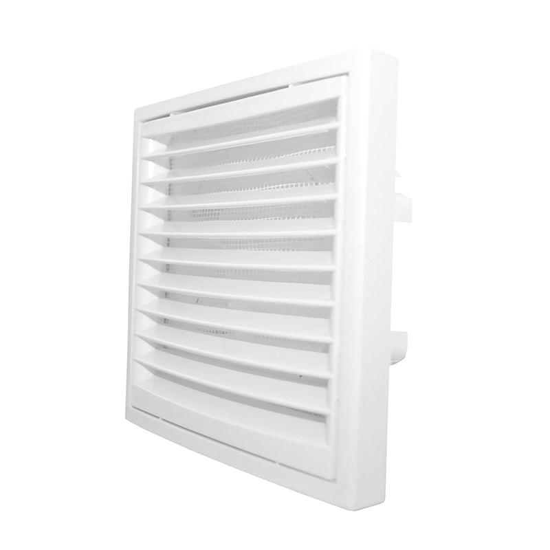 White Dospel KR100/125 ventilation grille with louvred front and fly mesh.