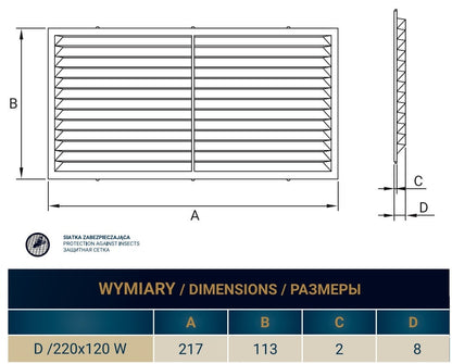 Louvre Vent  D/220X120W Classic 220mm X 120mm with Fly Screen