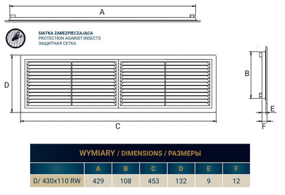 Louvre Vent D/430X110RW Classic 430mm X 110mm with Fly Screen