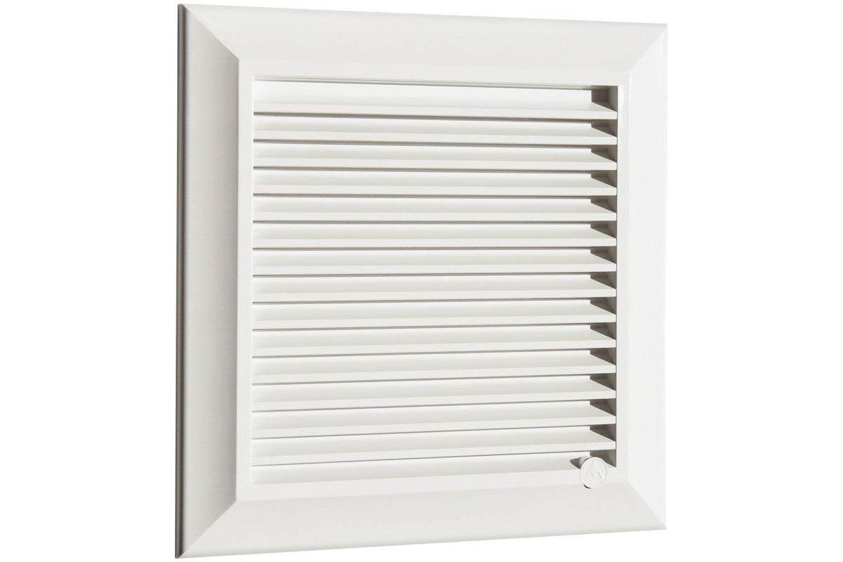 White Dospel Duo Smart 165 ventilation grille with louvred front and fly mesh.