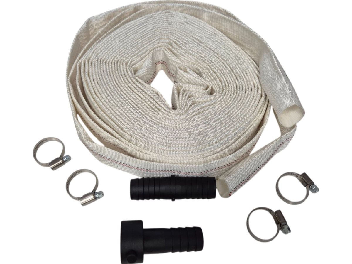 White Lined Layflat Hose Kit – Joiner & Female Threaded Fitting; selected size/length supplied.
