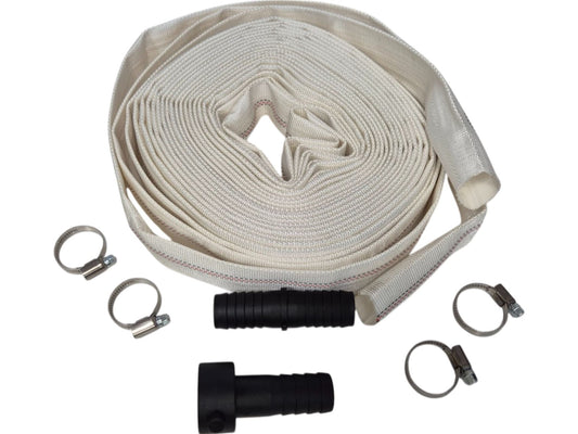 White Lined Layflat Hose Kit – Joiner & Female Threaded Fitting; selected size/length supplied.