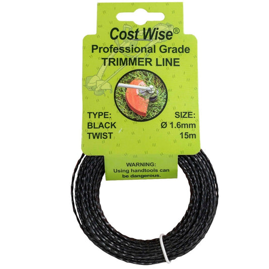 Black twisted strimmer line in a 15m coil, labelled 1.6mm.