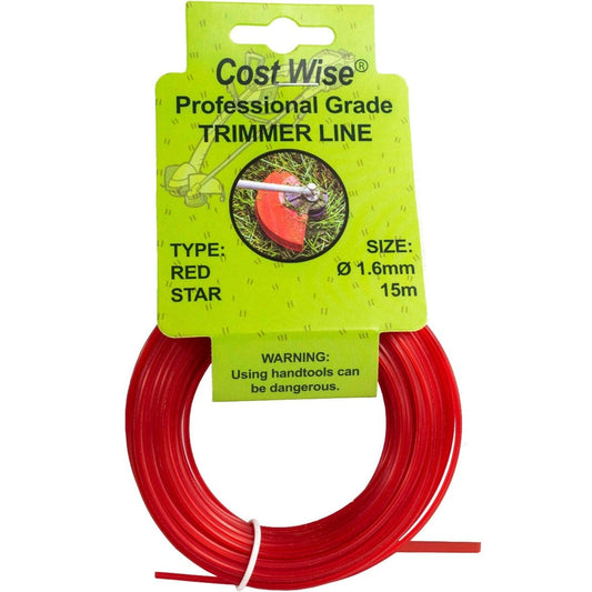 Red star-profile strimmer line in a coil, with 1.6mm x 15m packaging.