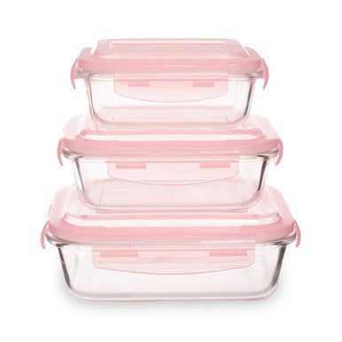 Set of 3 Rectangular Glass Containers with Pink Lids