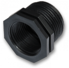 Black plastic reducing bush with2-inch BSP male external thread and 1″ BSP female internal thread.